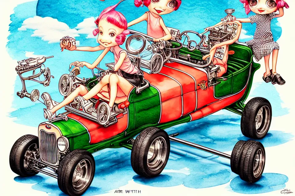 Image similar to cute and funny, margay riding in a tiny 1 9 2 3 ford t - bucket with oversized engine, ratfink style by ed roth, centered award winning watercolor pen illustration, isometric illustration by chihiro iwasaki, edited by range murata, tiny details by artgerm and watercolor girl, symmetrically isometrically centered