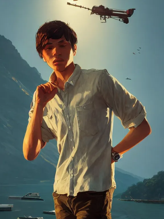 Image similar to portrait of a young man from grand theft auto 5 wearing a summer outfit, short brown hair, art by ryo shiotani and greg rutkowski, intricate, beautiful, cute, cinematic lighting, vintage art by serge ivanoff