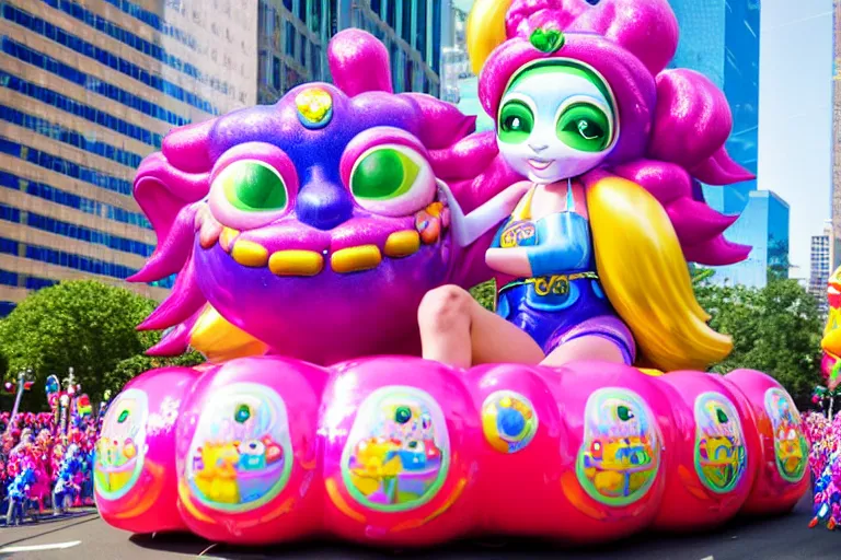 Prompt: photo of giant cute elaborate parade float character designed by ( ( ( ( ( ( ( ( lisa frank ) ) ) ) ) ) ) ) and bosch!!!!!!!!!!!!!!, in the macys parade, detailed 4 k photo,