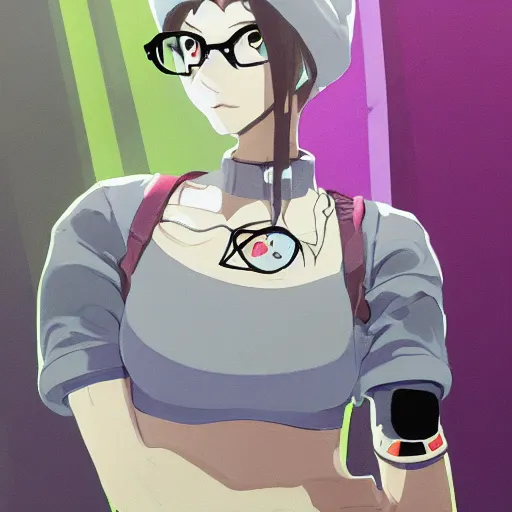 Prompt: JetSetRadio Outfit design concept of an anime girl wearing a black grey and blue crop top, wearing rounded eyeglasses, a grey beanie, and sneakers grey. painted by Simon Stålenhag