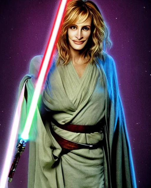 Image similar to julia roberts, dressed as jedi knight with a lightsaber, colorful, realistic, high resolution