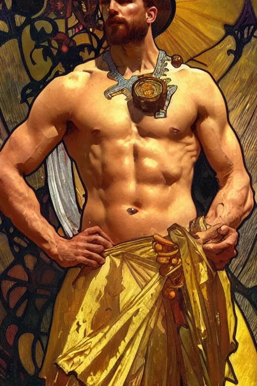 Prompt: A man wearing golden crown, muscular, painting by greg rutkowski and alphonse mucha