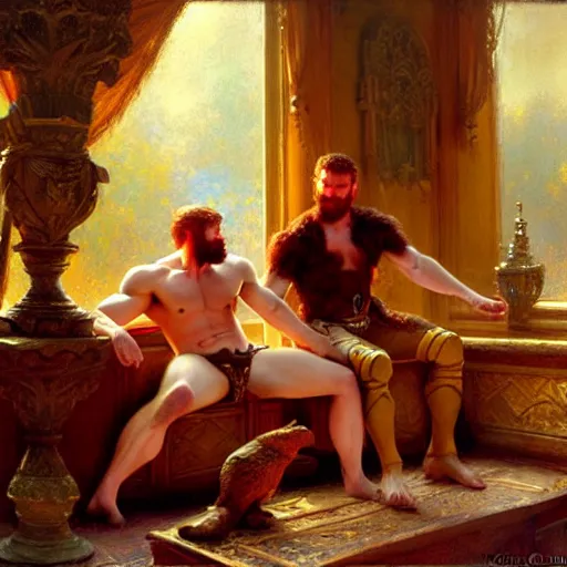 Prompt: attractive muscular mike with ginger hair with attractive tyler with brunet hair, drinking their hearts out, in their noble mansion. highly defined painting, highly detailed painting by gaston bussiere, craig mullins 8 k