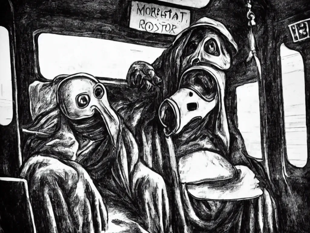 Image similar to plague doctor riding in a bus