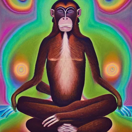 Image similar to an anthromorphic monkey man meditating in a zen garden, by amanda clark and amanda sage in a psychedelic style, oil on canvas