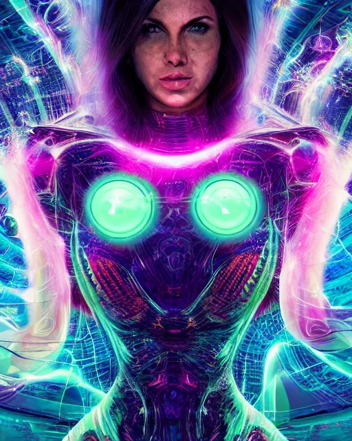 Image similar to a powerful energy psychedelic matrix woman, by alexander fedosav, hyper detailed digital matte painting, concept art, hyperrealism, 1 6 k resolution, cinema 4 d, 8 k resolution, trending on artstation, behance hd, a masterpiece, by stephan martiniere, particles, cel - shaded, power bright neon energy, by david a. hardy,