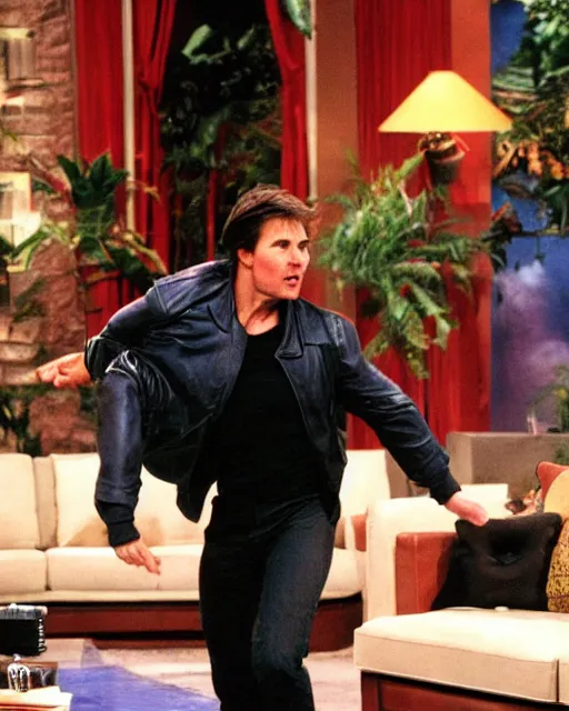 Prompt: tom cruise, dressed as maverick, jumps on oprah's couch during an episode of the oprah winfrey show while wearing a jet pack, hyperreal