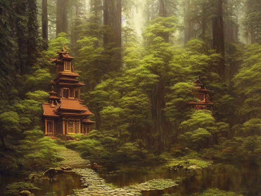 Prompt: a beautiful buddhist sanctuary in a redwood forest, art by albert bierstadt and greg rutkowski, hyperrealism, peaceful ☸ 🕉