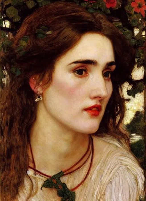 Image similar to a beautiful painting of jennifer connelly by John Everett Millais and Dante Gabriel Rossetti and John Collier and john william waterhouse, pre-raphaelite, detailed, hd