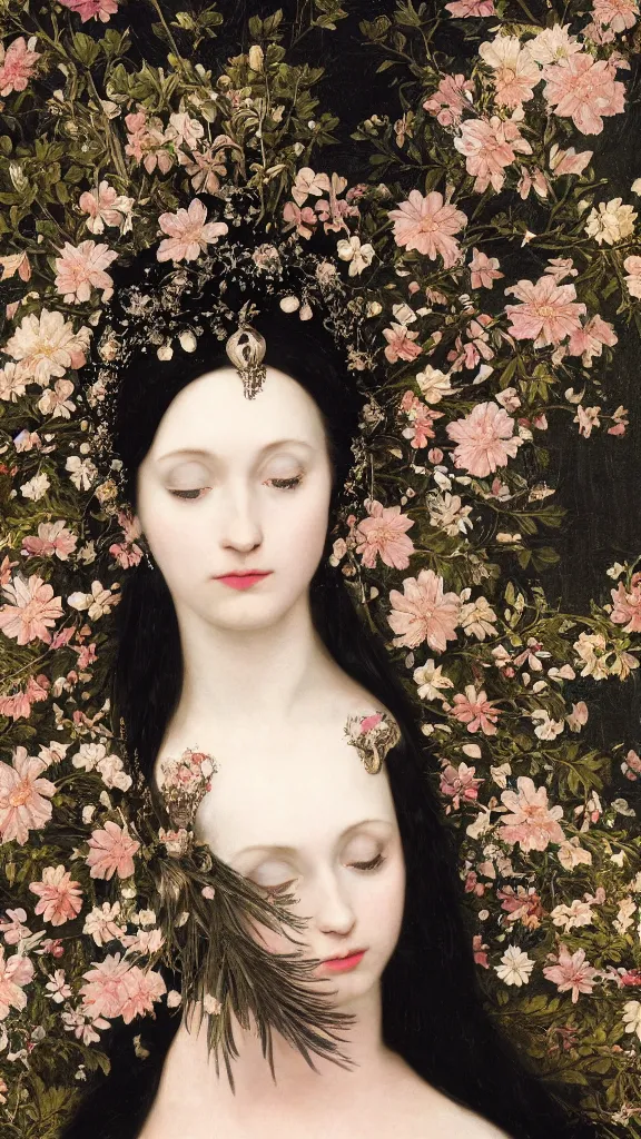 Image similar to a closeup portrait of a beautiful black haired woman with pale skin and a crown on her head sitted on an intricate metal throne, in an infinite landscape of flowers, photograph by caravaggio, canon eos c 3 0 0, ƒ 1. 8, 3 5 mm, 8 k, medium - format print