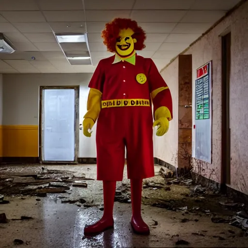 Image similar to ronald mcdonald in an abandoned hospital