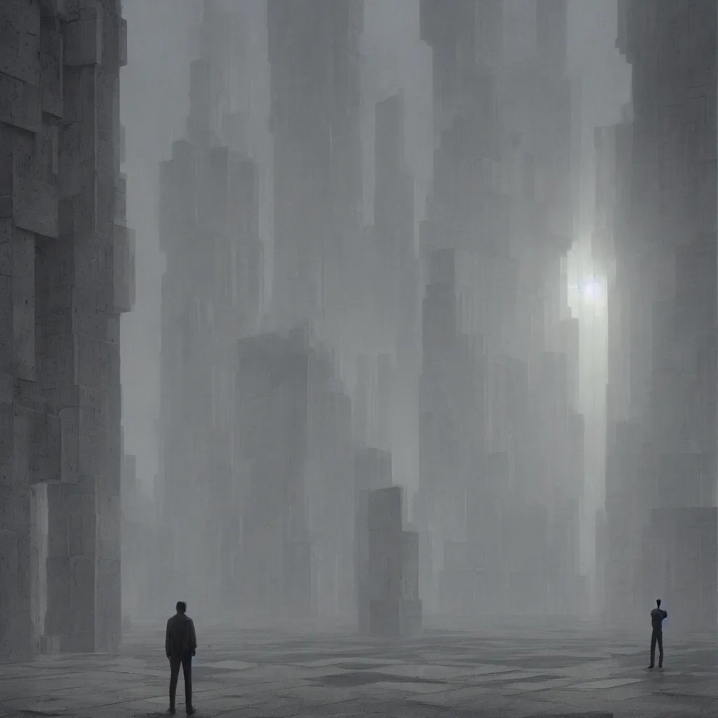 Prompt: a man lost in the middle of brutalist massive symmetriical skyscraper buildings russian architecture, concrete, details, soft lights, by moebius and zdzislaw beksinski