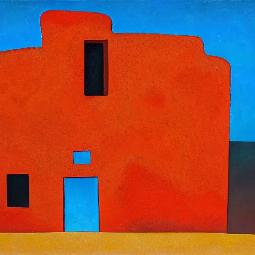 Prompt: a surrealist painting of a melting lava stone building with wooden doors and a glass window. on a hill in the spanish sahara in the scorching sun, in the style of kandinsky, oil on canvas