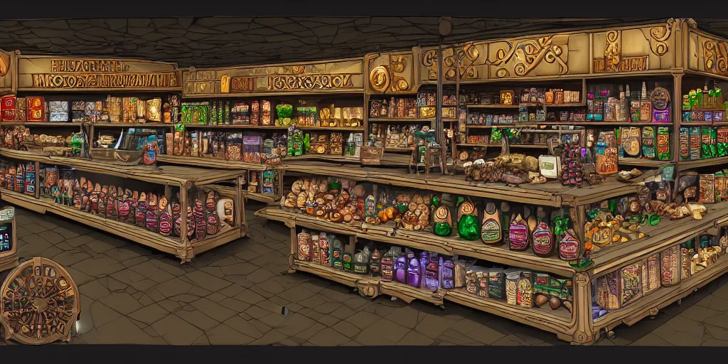 Image similar to fantasycore, eldritch, psychic, elemental masterpiece 8k resolution Behance HD scrollwork magic conduits zBrush Central contest winner, cel-shaded cyberpunk necromancer's grocery store pastiche by Dan Witz