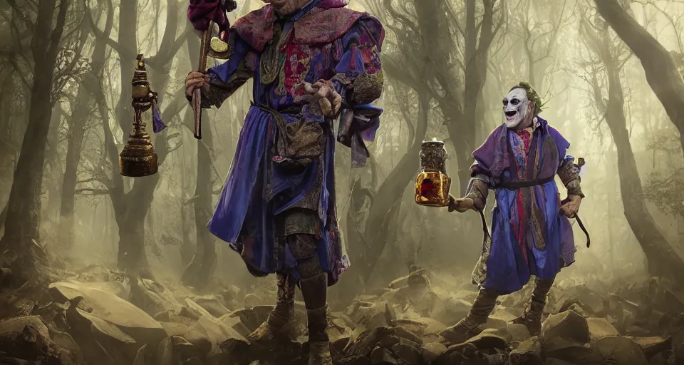 Image similar to robert de niro as medieval joker, crazy colorful clothing with a heavy golden mace in his left hand and a beer jug in his right hand, full body portrait with high detailled face, symmetrical face, intricate details, wandering through a forbidden forest, trending on artstation, 8k hyperrealistic, style of peter mohrbacher, octane render, unreal engine