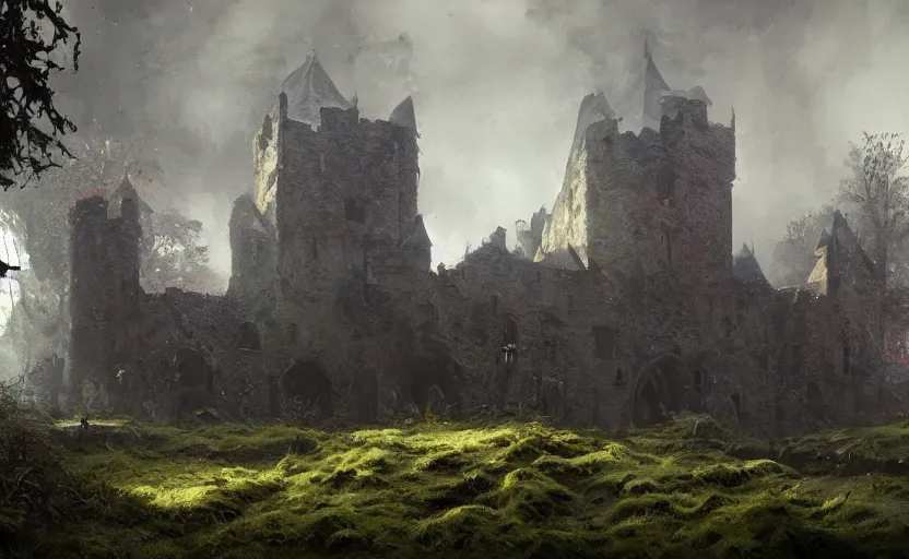 Prompt: painting of a medieval castle covered by vegetations and moss by greg rutkowski and Craig Mullins, Dark atmospheric sad and cinematic lighting, Trending on artstation