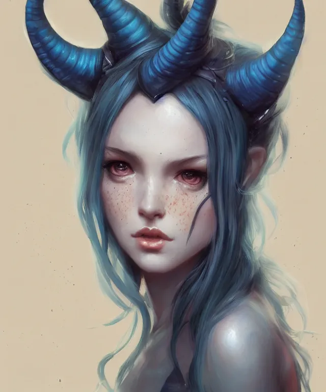 Prompt: cute friendly tiefling by charlie bowater and titian and artgerm, full - body portrait, intricate, face, forest, elegant, blue mist, beautiful, horns, freckles, highly detailed, dramatic lighting, sharp focus, trending on artstation, artstationhd, artstationhq, unreal engine, 4 k, 8 k