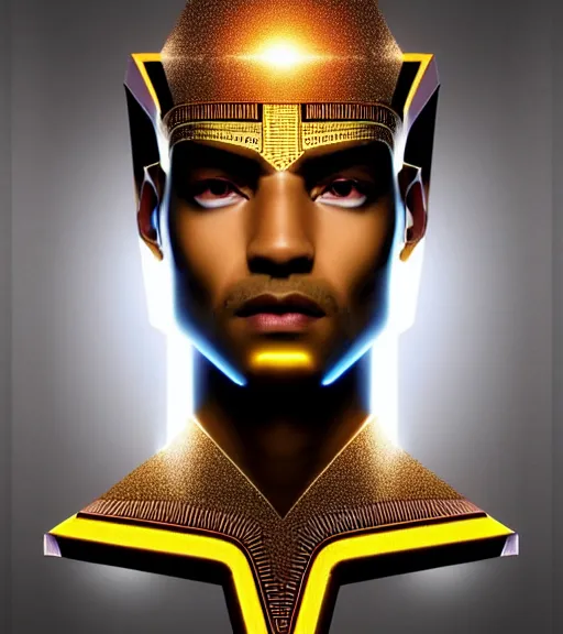 Image similar to symmetry!! egyptian god of technology, solid cube of light, hard edges, product render retro - futuristic poster scifi, lasers and neon circuits, brown skin handsome egyptian god, intricate, elegant, highly detailed, digital painting, artstation, concept art, smooth, sharp focus, illustration, dreamlike, art by artgerm