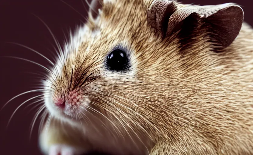 Image similar to portrait of a king hamster, detailed face, cinematic lighting, 8 k