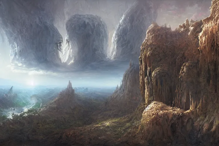 Prompt: amazing concept painting, by Jessica Rossier and HR giger and Beksinski, prophecy, hallucination, cliff face terraces of fantasy foliage, Angel of the LORD, Adam, Eve, Serpent, garden of eden, lush fruit orchard stream and rock garden