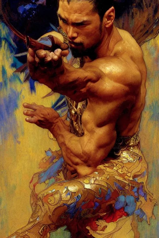 Prompt: attractive muscular man, short hair, wuxia, colorful, painting by gaston bussiere, craig mullins, greg rutkowski, alphonse mucha