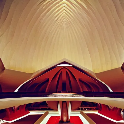 Image similar to interior of a futuristic lotus temple with gold, red and white marble panels, in the desert, by syd mead, intricate contemporary architecture, photo journalism, photography, cinematic, national geographic photoshoot