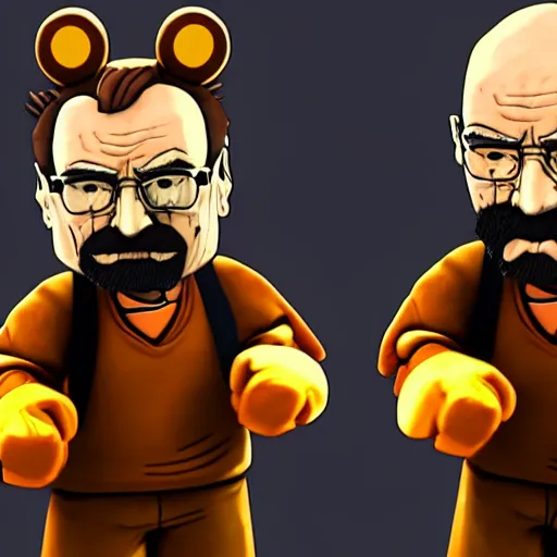 Prompt: walter white from breaking bad fighting freddy fazbear with his fists, 4 k, hyper realistic