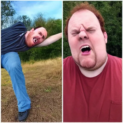 Image similar to a guy with a heavily receding hairline and curly reddish brown hair with multiple chins receding his head into his multiple chins while making a stupid funny meme face selfie