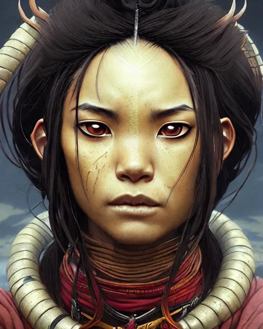 Image similar to suki from avatar the last airbender, character portrait, portrait, close up, concept art, intricate details, highly detailed by greg rutkowski, michael whelan and gustave dore