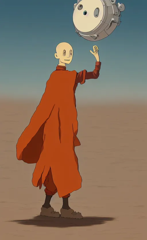 Image similar to a study of cell shaded cartoon of an orange robot monk from howl's moving castle ( 2 0 0 4 ) on a desert road, full body, wide shot, very muted colors, post grunge, studio ghibli, laurie greasley, highly detailed, deviantart, art by artgem