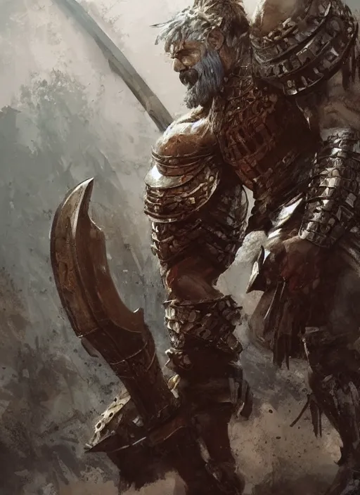 Image similar to ancient historically accurate depiction of the Bible Character Goliath of Gath, the Philistine warrior giant in ancient persian chainmail armor, dramatic lighting art by Yoji Shinkawa by Richard Schmid by greg rutkowski by Sandra Chevrier by Jeremy Lipking cinematic dramatic