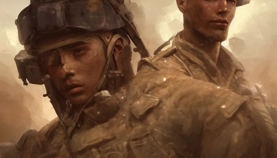 Image similar to beautiful digital painting of a love survivor, one soldier after his squad killed in action in a trench waiting for the war to end. cinematic lighting and rendering, atmospheric, concept art, high detailed faces, artstation by artgerm and greg rutkowski,,