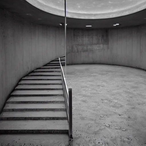 Image similar to dingy abandoned concrete room, triangular room, gray, museum, concrete staircase leading down, staircase flooded with water to create a moon pool, Photograph, found footage, dark, dingy.