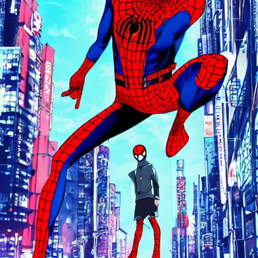 Image similar to Anime key visual of Cyberpunk ninja Spider-Man in a colorful blue and scarlet suit, wearing a scarlet hoodie, riding a skateboard in Berlin, official media drawn by Hirohiko Araki, anime magazine cover, manga cover, shonen jump cover, in the style of JOJO’s bizarre adventure, Hirohiko Araki artwork