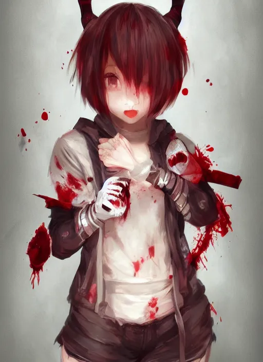 Prompt: a highly detailed illustration of short hair cute japanese girl wearing blood stained hoodie and bandages on arms, dramatic sadistic smile pose, intricate, elegant, highly detailed, centered, digital painting, artstation, concept art, smooth, sharp focus, league of legends concept art, WLOP