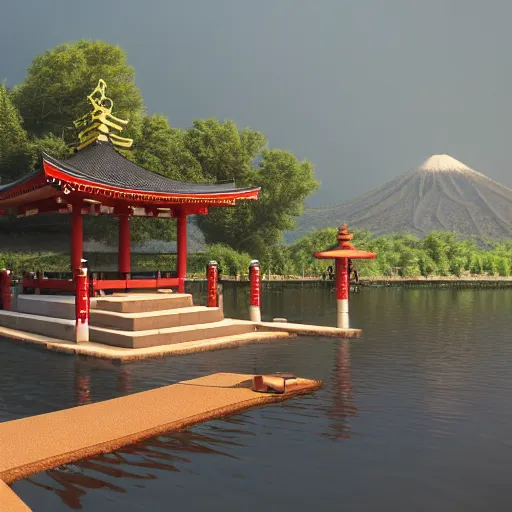 Image similar to a japanese temple on a wooden platform in the center of the water of an oasis in a large desert, digital painting, artstation, matte painting, highly detailed, octane render, 8 k, unreal engine