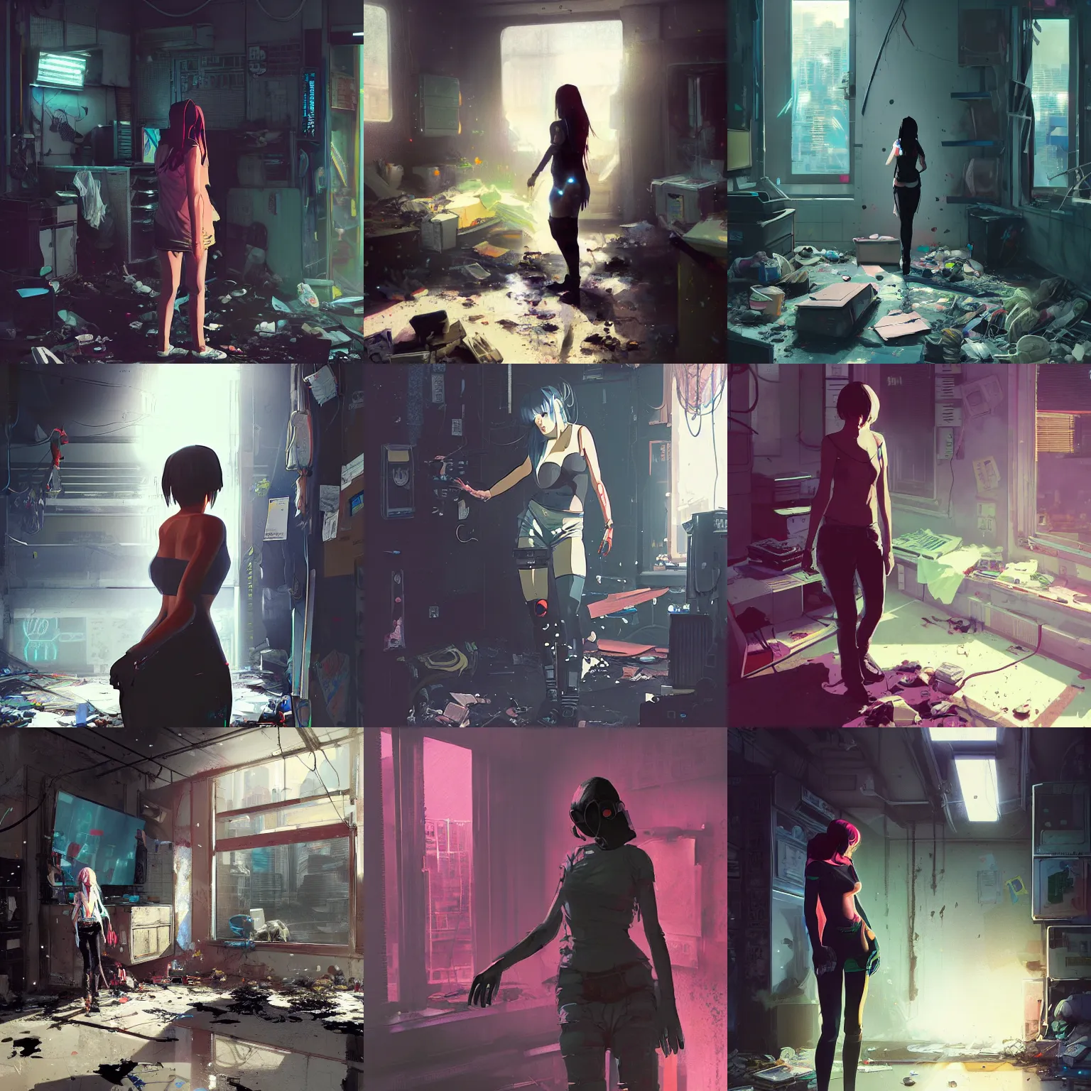 Prompt: a woman standing in a dirty room with a lot of debris on the floor, cyberpunk art by lawrence harris, cgsociety, context art, anime aesthetic, official art, ilya kuvshinov