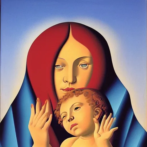 Prompt: a vivid painting of the Madonna and child by Rene Magritte, detailed image, surreal, blue and peach and red palette
