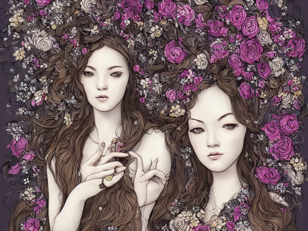 Image similar to beautiful girl digital art james jean long hair with flowers baroque