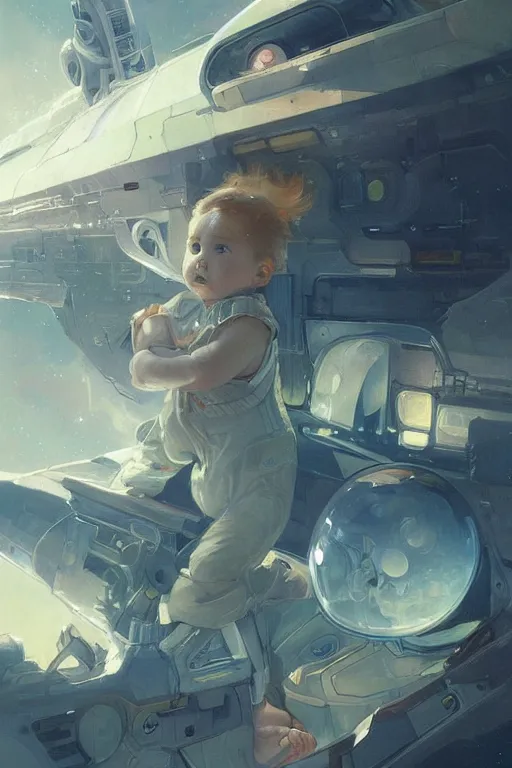 Image similar to A baby in a spaceship highly detailed, digital painting, artstation, the space background,concept art, sharp focus, illustration, art by Krenz Cushart and Artem Demura and alphonse mucha