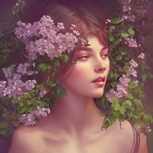 Image similar to A gorgeous young woman plant hybrid, vine and plants and flowers, intricate, digital painting, highly detailed, concept art, Artstation, Cgsociety, Artgerm, Alphonse Mucha, Wlop