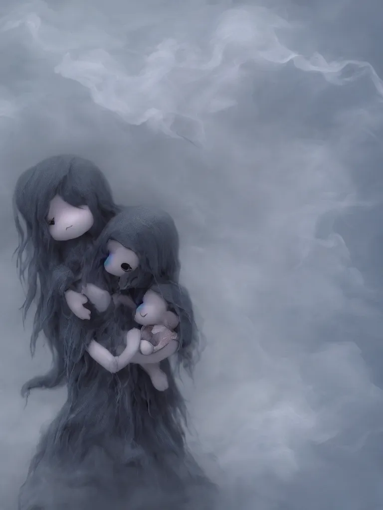 Image similar to cute fumo plush of a cursed frail witch girl held tight in the arms of a ghost, hugging, maternal, melting volumetric smoke and fog, environment map pbr reflective stormy water, goth, vignette, vray