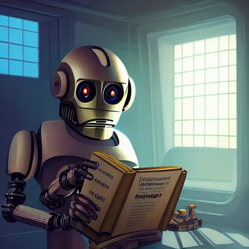 Prompt: digital painting of a droid robot reading a book, concept art, sunlight pouring through window, large scale, high detail, futuristic, godrays, volumetric lighting, warm lighting