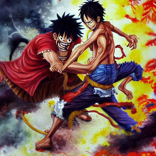 Image similar to highly detailed painting of Monkey D. luffy fighting Kaido, gruesome, scary, sci-fi, hyper realistic