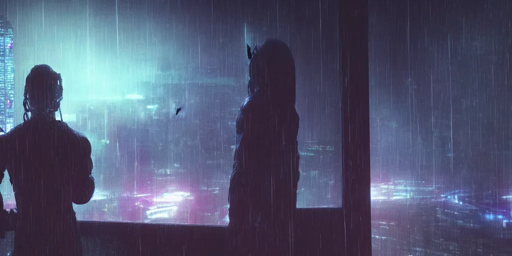 Prompt: one cyber person of cosmic nebula galaxy watching, towards a raining cyberpunk futuristic city from behind at night through a window, 4 k, photorealistic, wet, highly detailed, cinematic moody by ridley scott, trending on artstation, glowing and epic