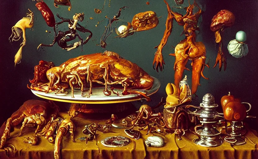 Image similar to strange full body, disturbing colorful oil painting dutch golden age vanitas still life sparse composition with bizarre objects strange gooey transparent surfaces shiny metal reflections bizarre mutant meat insects rachel ruysch dali todd schorr very detailed perfect composition rule of thirds masterpiece canon 5 0 mm, cinematic lighting, photography, retro, film, kodachrome