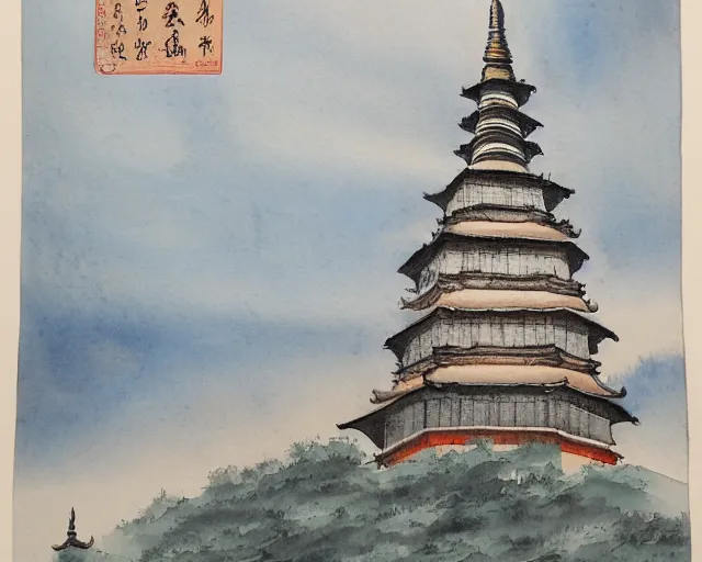 Prompt: twin buddhist pagodas in landscape, traditional chinese watercolor,