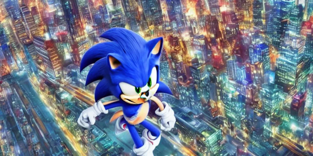 Prompt: sonic the hedgehog, Esthetic, calm, city,