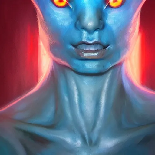 Prompt: Portrait of a tall blue alien, hairless, red glowing eyes, wearing a smooth and intricate biosuit, cinematic lighting, highly detailed, digital painting, artstation, concept art, smooth, sharp focus, illustration, art by Artgerm and Greg Rutkowski, Cgsociety