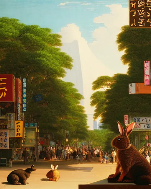 Image similar to a rabbit bear, sitting in tokyo, unique, sunny day, busy street, art by thomas cole